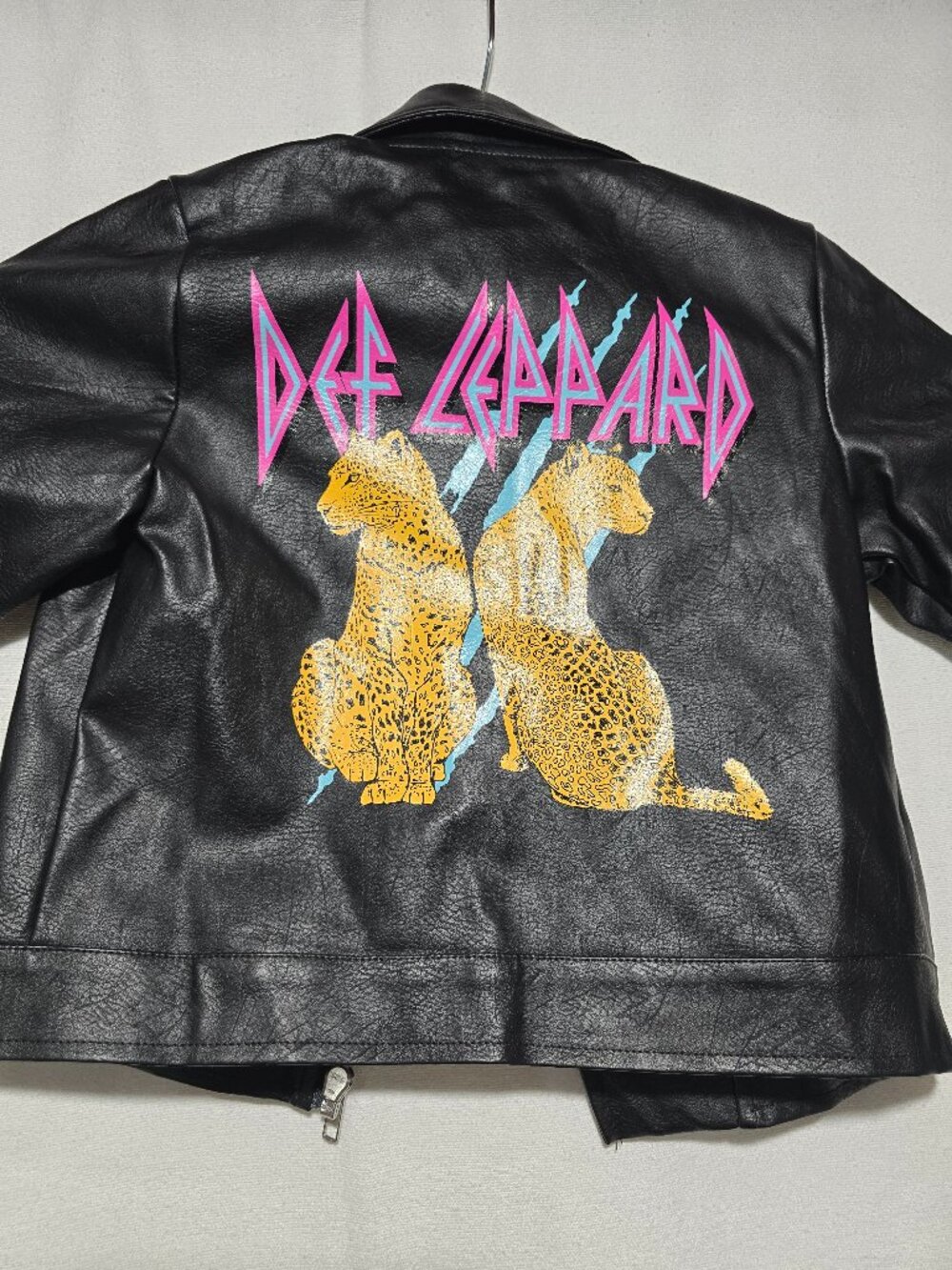 Def Leppard Kids Faux Leather Moto Jacket Black Rock Band Graphic Size 6/6X GUC